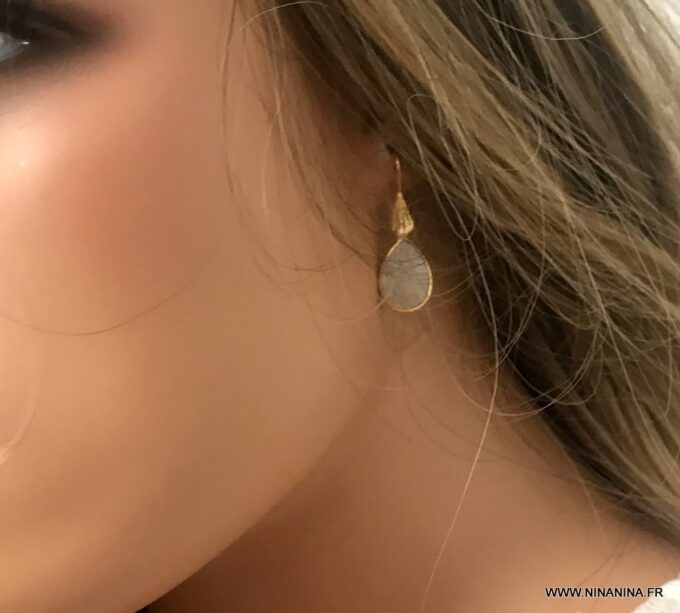 N6496f Boucles d oreilles Pierre de lune et plaqué or femme - Bijoux Boucles d oreilles en ligne Ninanina