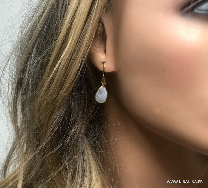 N6496g Boucles d oreilles Pierre de lune et plaqué or femme - Bijoux Boucles d oreilles en ligne Ninanina