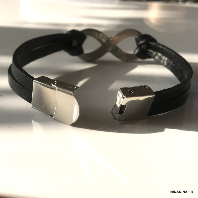 N6541d Bracelet homme infinity acier inoxydable lacet cuir - Bijoux Bracelets hommes en ligne Ninanina