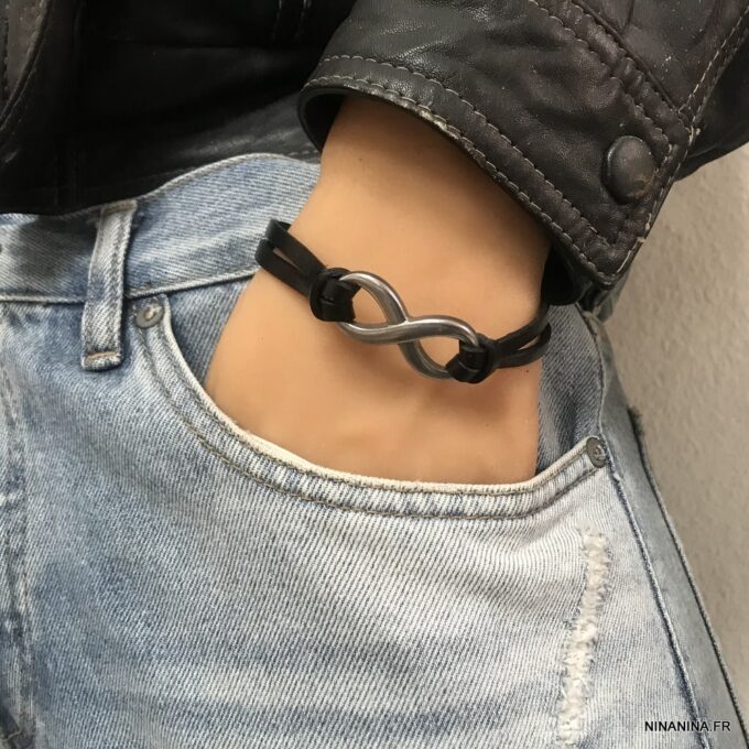 N6541g Bracelet homme infinity acier inoxydable lacet cuir - Bijoux Bracelets hommes en ligne Ninanina