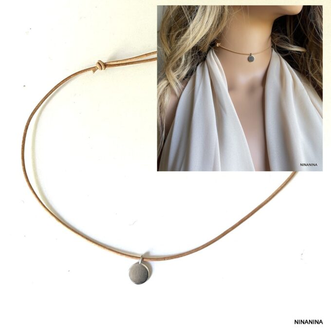 N663c Ras de cou cordon cuir femme pendentif rond argent - Bijoux Colliers Cordons Femmes en ligne Ninanina