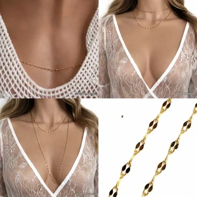 N6738 Chaine de taille pas cher maille grain de café acier doré faite main en France - Bijoux de corps femmes en ligne Ninanina
