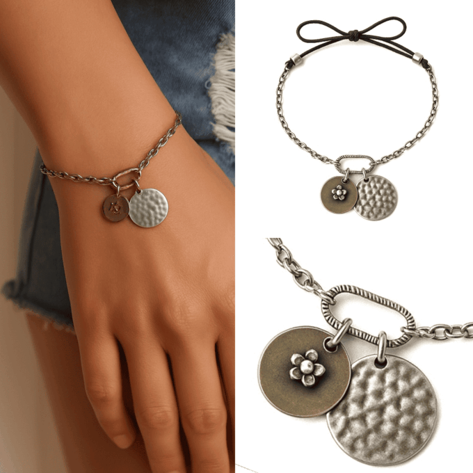 N708 Bracelet Porte-Bonheur Femme – Breloques Gri-Gri sur Chaînette et Cordon Noir Coulissant - Bijoux Bracelets boheme chic en ligne Ninanina