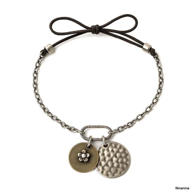 N708c Bracelet Porte-Bonheur Femme – Breloques Gri-Gri sur Chaînette et Cordon Noir Coulissant - Bijoux Bracelets boheme chic en ligne Ninanina