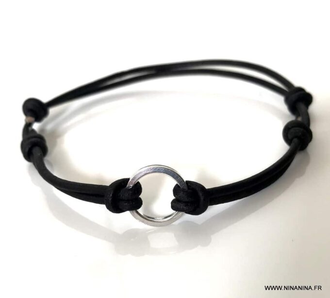N7114 Bracelet anneau Argent cordon cuir réglable homme - Bijoux Braceletds en ligne Ninanina