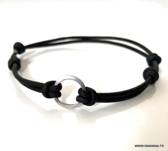 N7114b Bracelet anneau Argent cordon cuir réglable homme - Bijoux Braceletds en ligne Ninanina