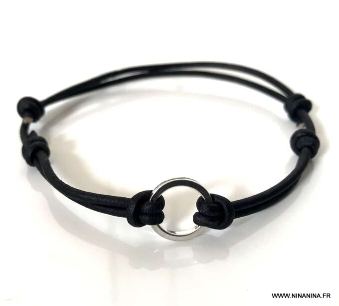 N7114d Bracelet anneau Argent cordon cuir réglable homme - Bijoux Braceletds en ligne Ninanina