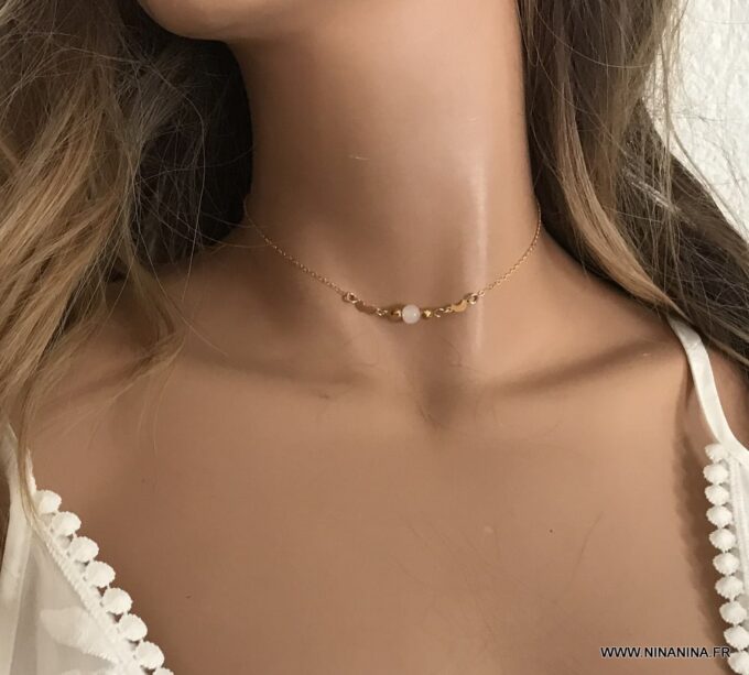 N7139 Collier ras de cou pierre de lune plaqué or femme - Bijoux Colliers en ligne Ninanina