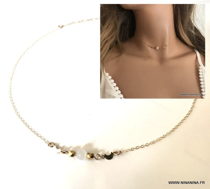 N7139a Collier ras de cou pierre de lune plaqué or femme - Bijoux Colliers en ligne Ninanina