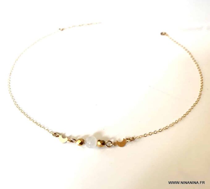 N7139c Collier ras de cou pierre de lune plaqué or femme - Bijoux Colliers en ligne Ninanina