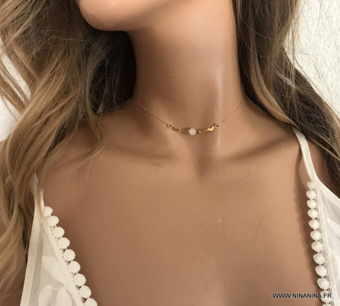 N7139d Collier ras de cou pierre de lune plaqué or femme - Bijoux Colliers en ligne Ninanina