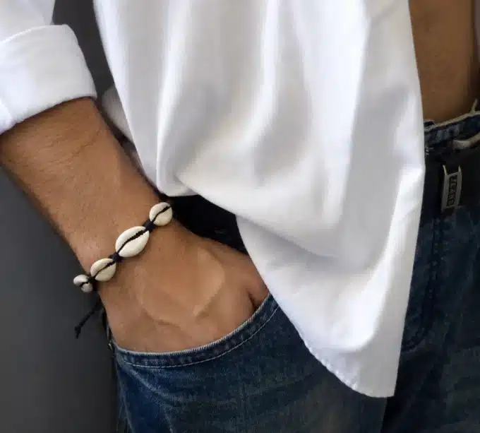 N7158a Bracelet de coquillage cauri homme femme cordon réglable - Bijoux bracelets coquillages en ligne Ninanina
