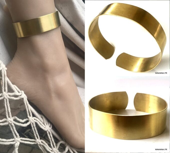 N7205b Bracelet de cheville large tribal laiton doré pour femme - Bijoux de pîed en ligne Ninanina