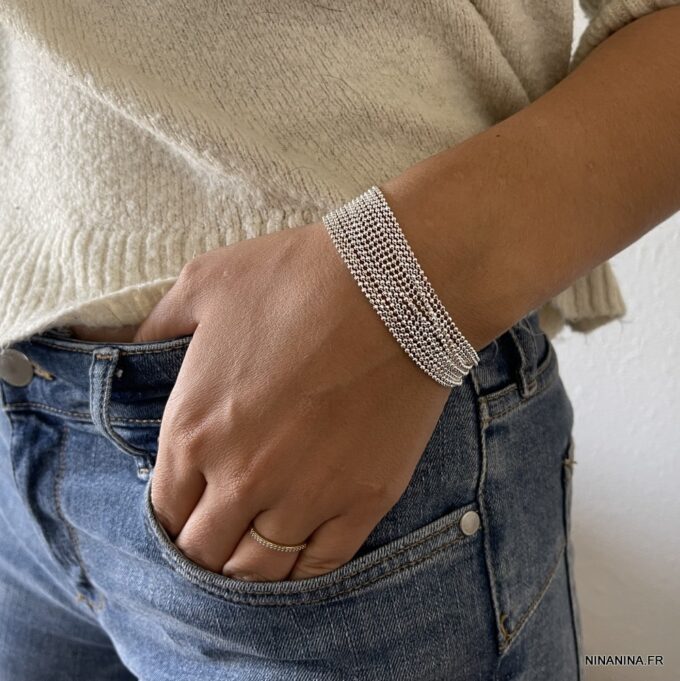 N7264l Bracelet argent multi rangs - Manchette souple femme - Bijoux Bracelets en ligne Ninanina