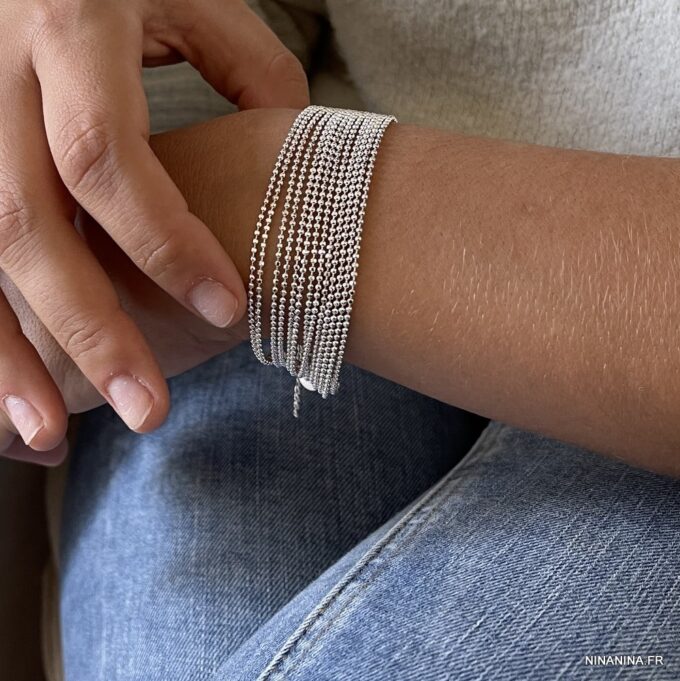 N7264m Bracelet argent multi rangs - Manchette souple femme - Bijoux Bracelets en ligne Ninanina