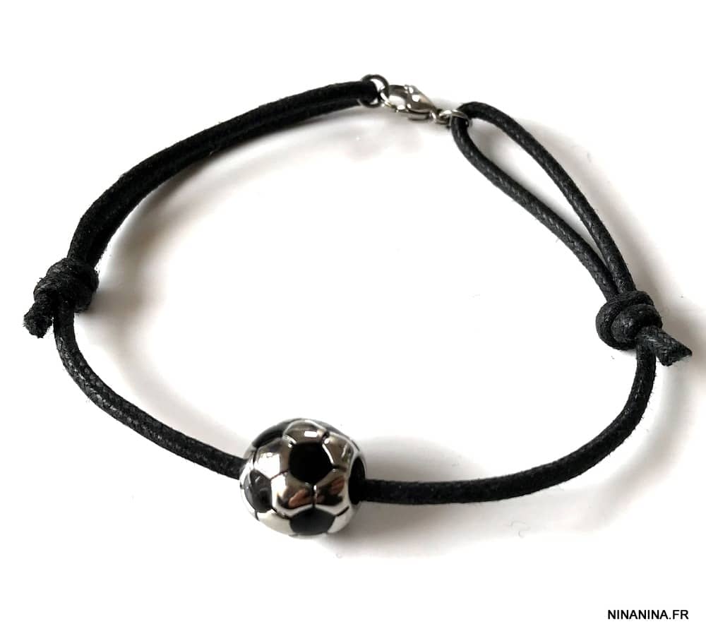 Bracelet ballon de foot noir et blanc cordon réglable - Ninanina