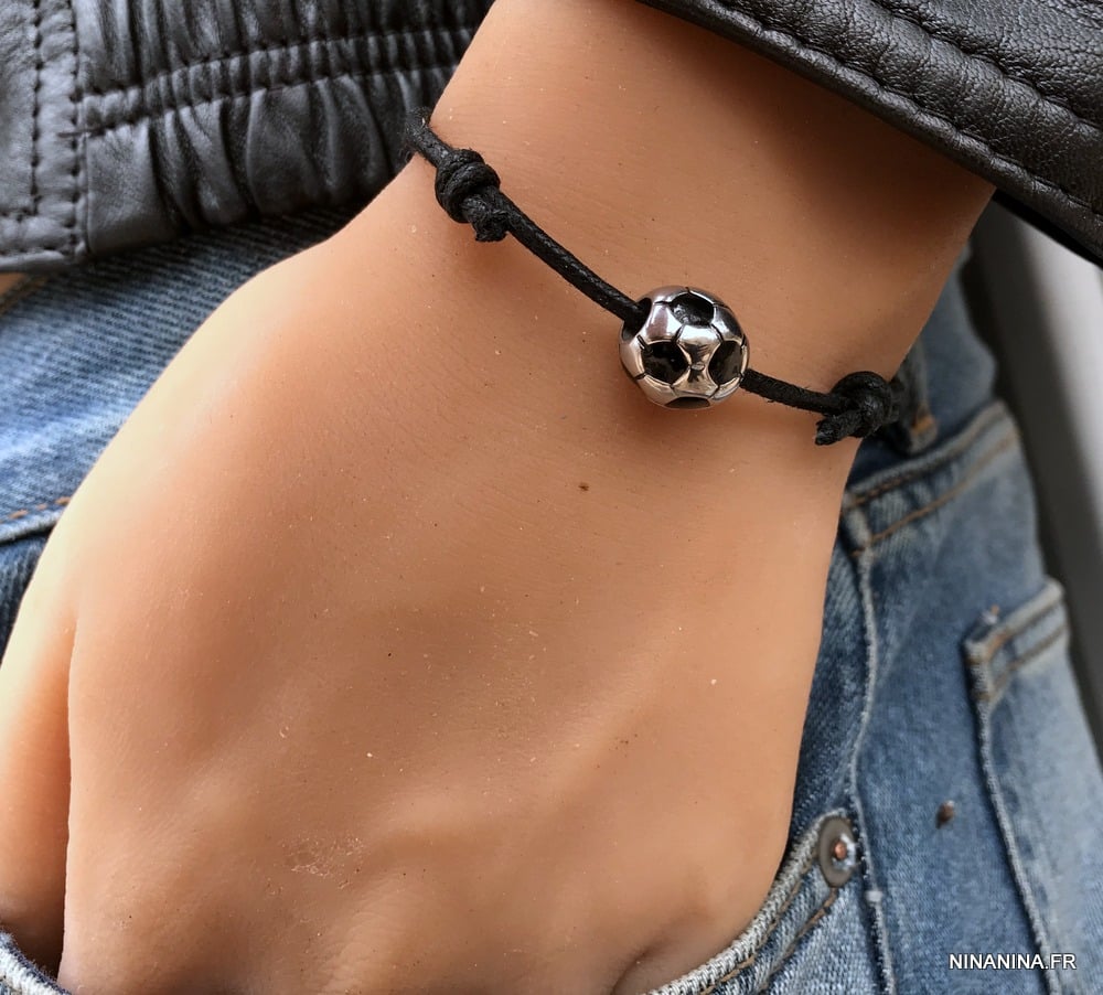 Bracelet foot cordon cuir ballon de football acier - Ninanina