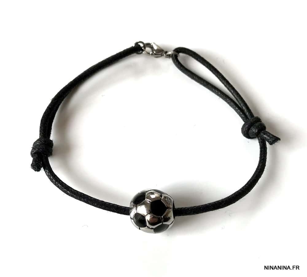 Bracelet ballon de foot noir et blanc cordon réglable - Ninanina