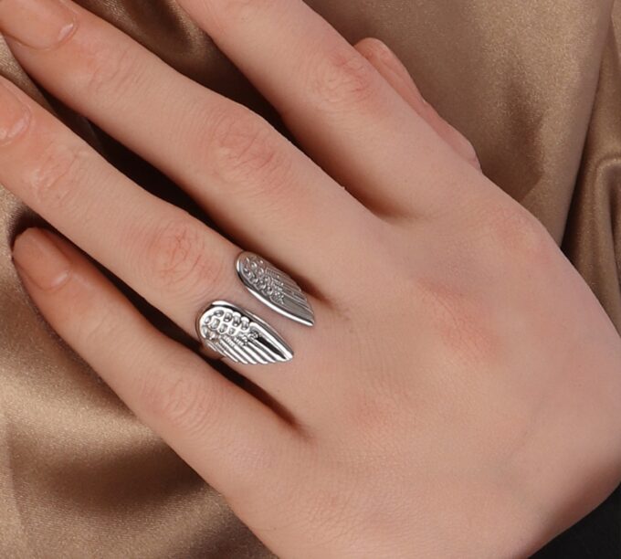 N7438a Bague aile d'ange Acier inoxydable argent ajustable - Bijoux Bague en ligne Ninanina