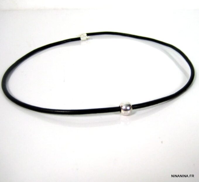 N752tere collier homme cordon cuir perle argent massif