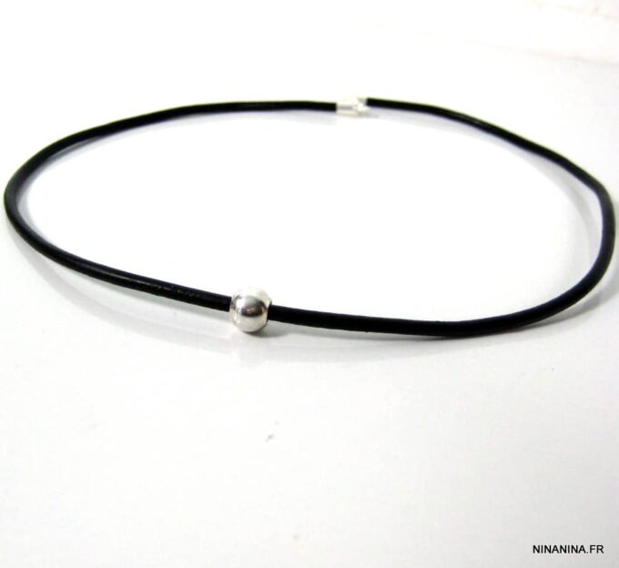 N752terf collier homme cordon cuir perle argent massif