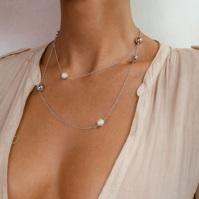 N755a Sautoir Argent plaqué femme artisanal - Collier perles rondes lisses et diamantées - Bijoux colliers longs en ligne Ninanina