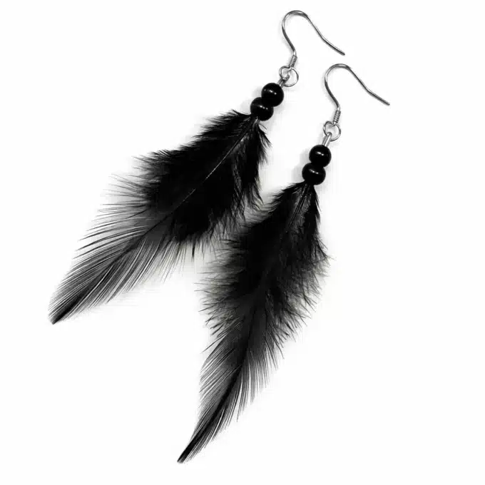 N758 Boucles D'oreilles plumes et perles en bois noires artisanales - Bijoux boucle d'oreille ethnique en ligne Ninanina