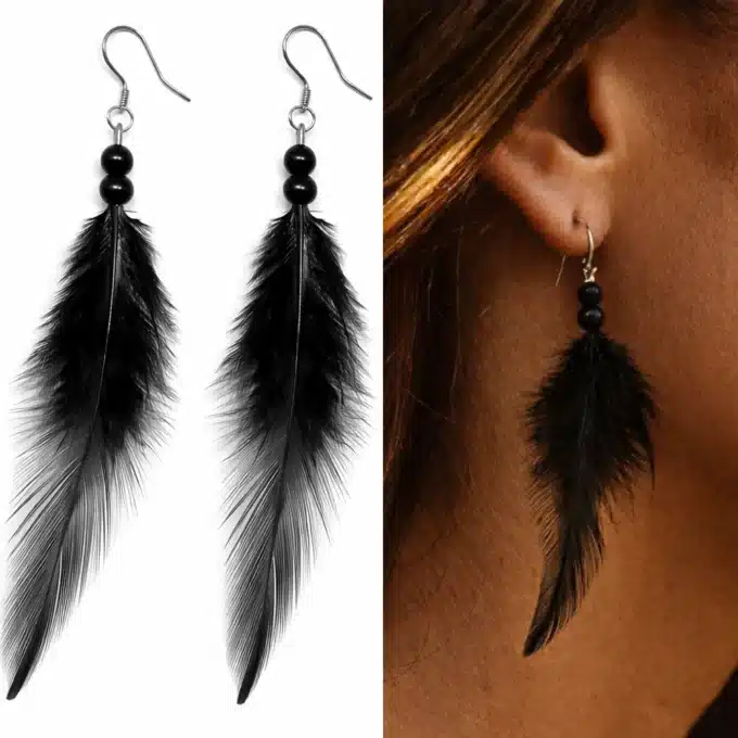 N758b Boucles D'oreilles plumes et perles en bois noires artisanales - Bijoux boucle d'oreille ethnique en ligne Ninanina