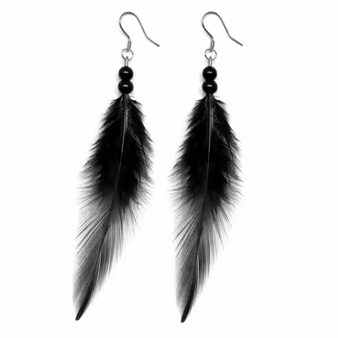 N758d Boucles D'oreilles plumes et perles en bois noires artisanales - Bijoux boucle d'oreille ethnique en ligne Ninanina