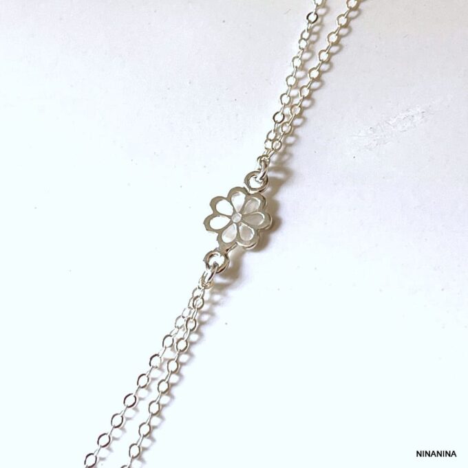 N8366c Bracelet bague argent 925 femme - Chaine de main fleur - Bijoux de mains en ligne Ninanina