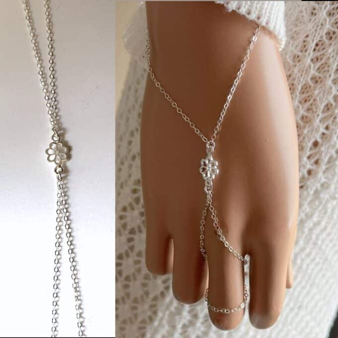 N8366d Bracelet bague argent 925 femme - Chaine de main fleur - Bijoux de mains en ligne Ninanina