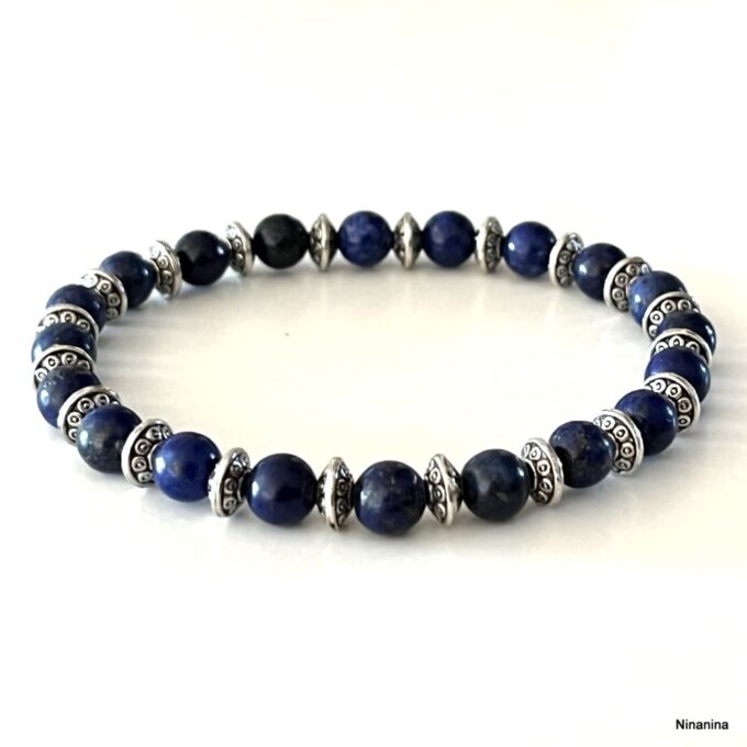 N8486 Bracelet Perle Bleu Homme En Lapis Lazuli Et Rondelles Argentées - Bijoux Bracelets hommes en ligne Ninanina