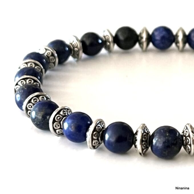 N8486a Bracelet Perle Bleu Homme En Lapis Lazuli Et Rondelles Argentées - Bijoux Bracelets hommes en ligne Ninanina