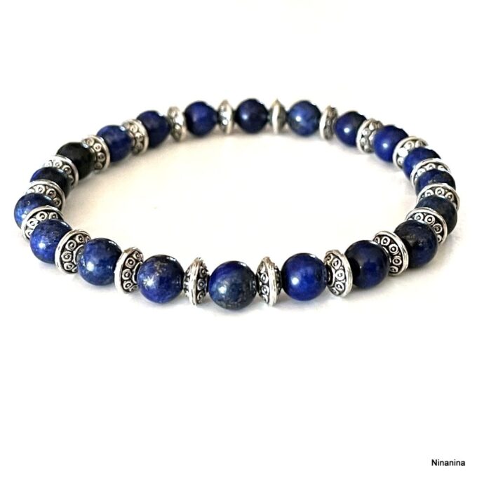 N8486c Bracelet Perle Bleu Homme En Lapis Lazuli Et Rondelles Argentées - Bijoux Bracelets hommes en ligne Ninanina