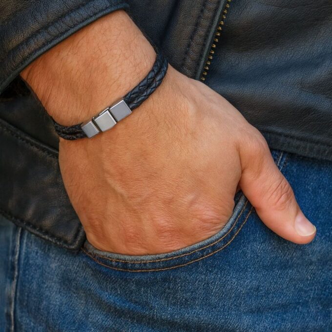 N8511a Bracelet cuir tressé noir double rang et acier inoxydable pour homme artisanal - Bijoux bracelets hommes en ligne Ninanina