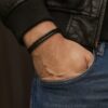 N8511c Bracelet cuir tressé noir double rang et acier inoxydable pour homme artisanal - Bijoux bracelets hommes en ligne Ninanina