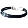 N8511e Bracelet cuir tressé noir double rang et acier inoxydable pour homme artisanal - Bijoux bracelets hommes en ligne Ninanina