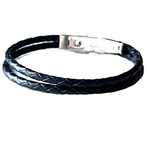 N8511e Bracelet cuir tressé noir double rang et acier inoxydable pour homme artisanal - Bijoux bracelets hommes en ligne Ninanina