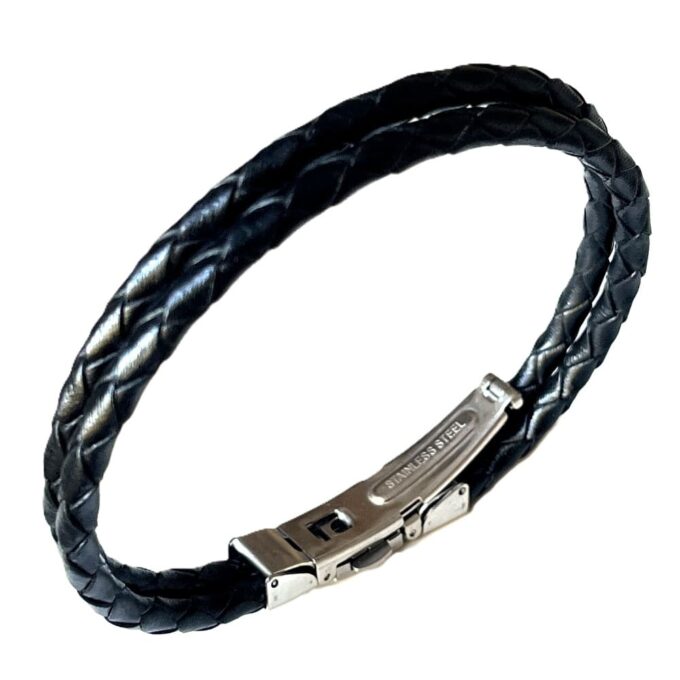 N8511g Bracelet cuir tressé noir double rang et acier inoxydable pour homme artisanal - Bijoux bracelets hommes en ligne Ninanina