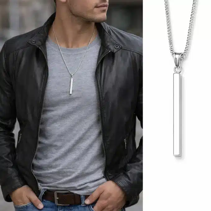 N8557g Collier homme artisanal pendentif barre et chaine maille carrée plaqué argent - Bijoux colliers hommes en ligne Ninanina