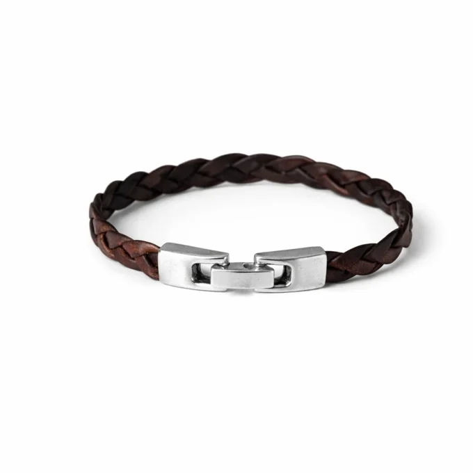 N8585d Bracelet Cuir Plat Tressé Marron Et Fermoir Rectangulaire Argenté - Bijoux Bracelets hommes en ligne Ninanina