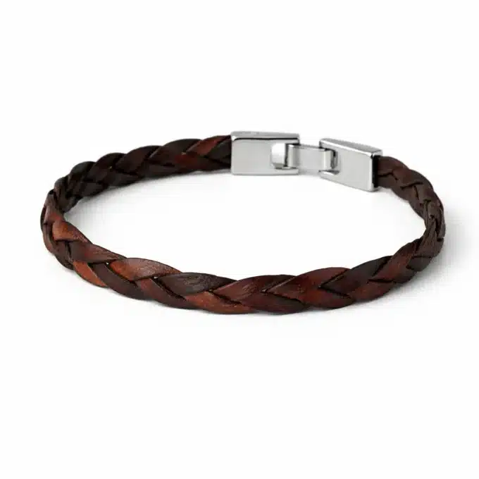 N8585f Bracelet Cuir Plat Tressé Marron Et Fermoir Rectangulaire Argenté - Bijoux Bracelets hommes en ligne Ninanina