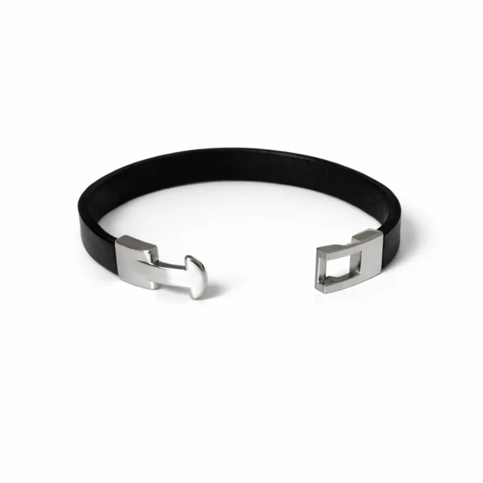 N8587a Bracelet homme lacet cuir plat lisse marron et fermoir rectangulaire acier argenté - Bijoux Bracelets hommes en ligne Ninanina