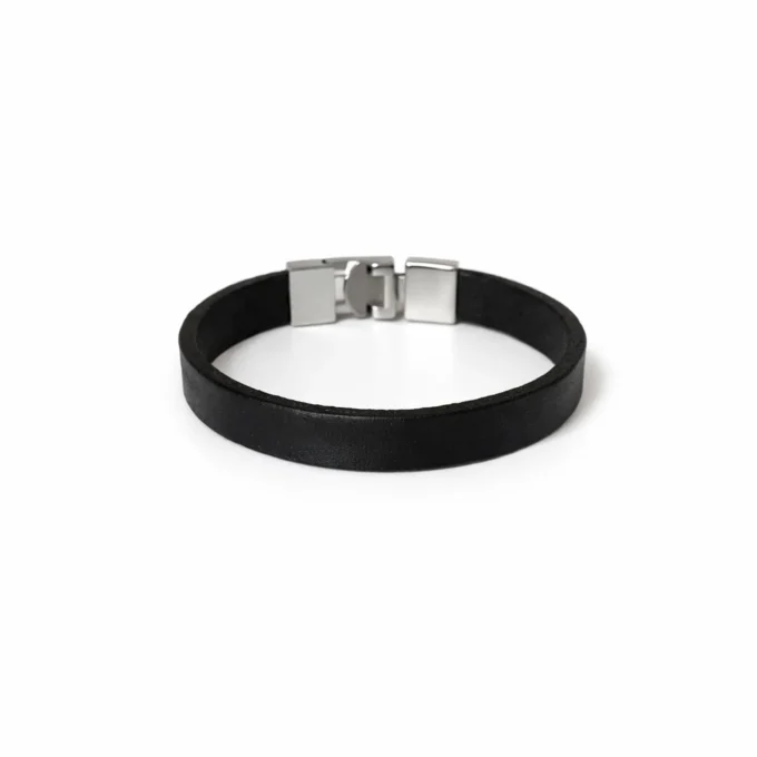 N8587e Bracelet homme lacet cuir plat lisse marron et fermoir rectangulaire acier argenté - Bijoux Bracelets hommes en ligne Ninanina