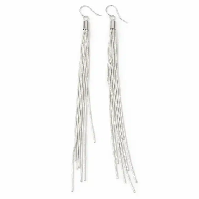N8619 Boucles d'oreilles tres longues argent - chainettes maille serpent artisanales - Bijoux d'oreille en ligne Ninanina