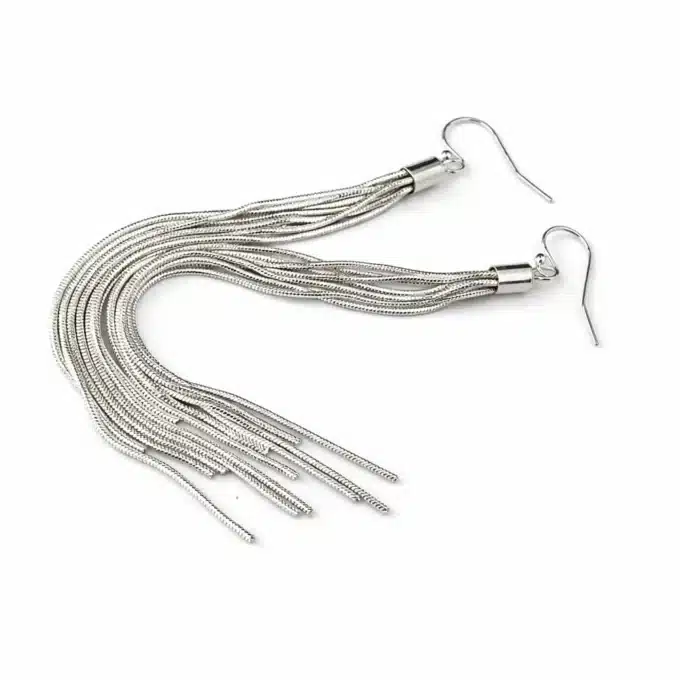 N8619a Boucles d'oreilles tres longues argent - chainettes maille serpent artisanales - Bijoux d'oreille en ligne Ninanina