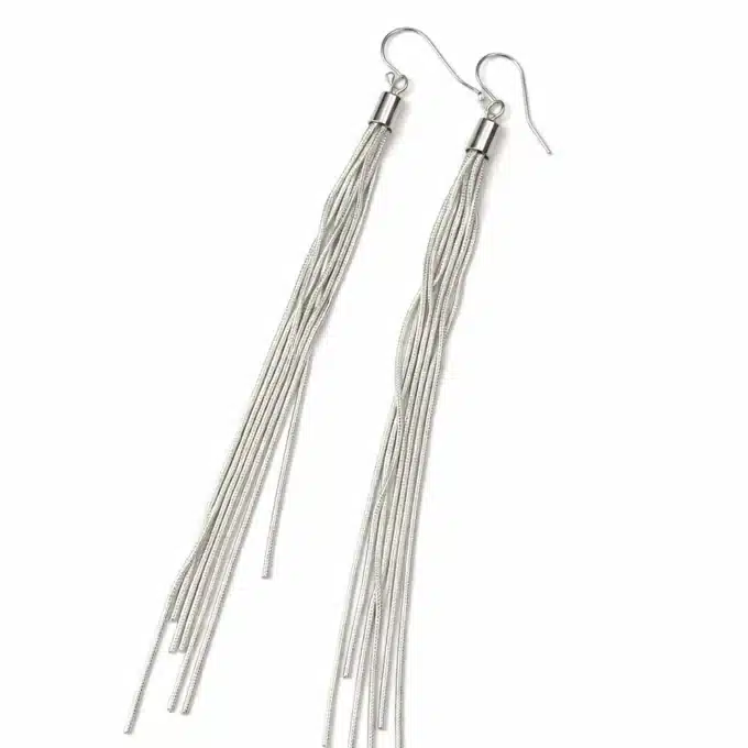 N8619b Boucles d'oreilles tres longues argent - chainettes maille serpent artisanales - Bijoux d'oreille en ligne Ninanina