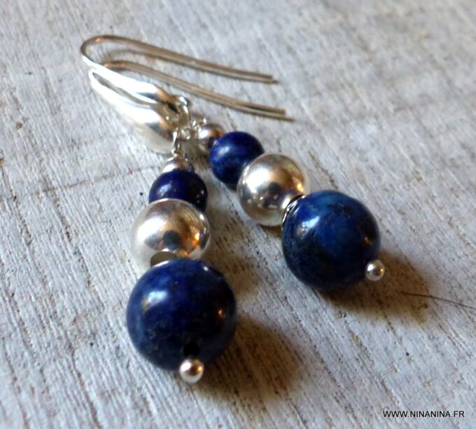 N862 Boucles d’oreilles Lapis lazuli perles Argent massif - Bijoux boucles d oreilles en ligne Ninanina