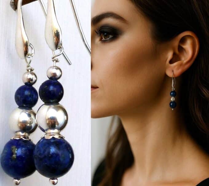 N862 Boucles d'oreilles Pendantes Lapis lazuli Bleu Et Perles Argent 925 Faites Main En France - Bijoux d'oreille en ligne Ninanina