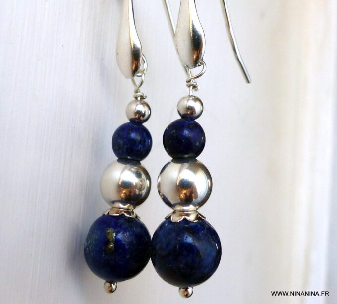N862d Boucles d’oreilles Lapis lazuli perles Argent massif - Bijoux boucles d oreilles en ligne Ninanina